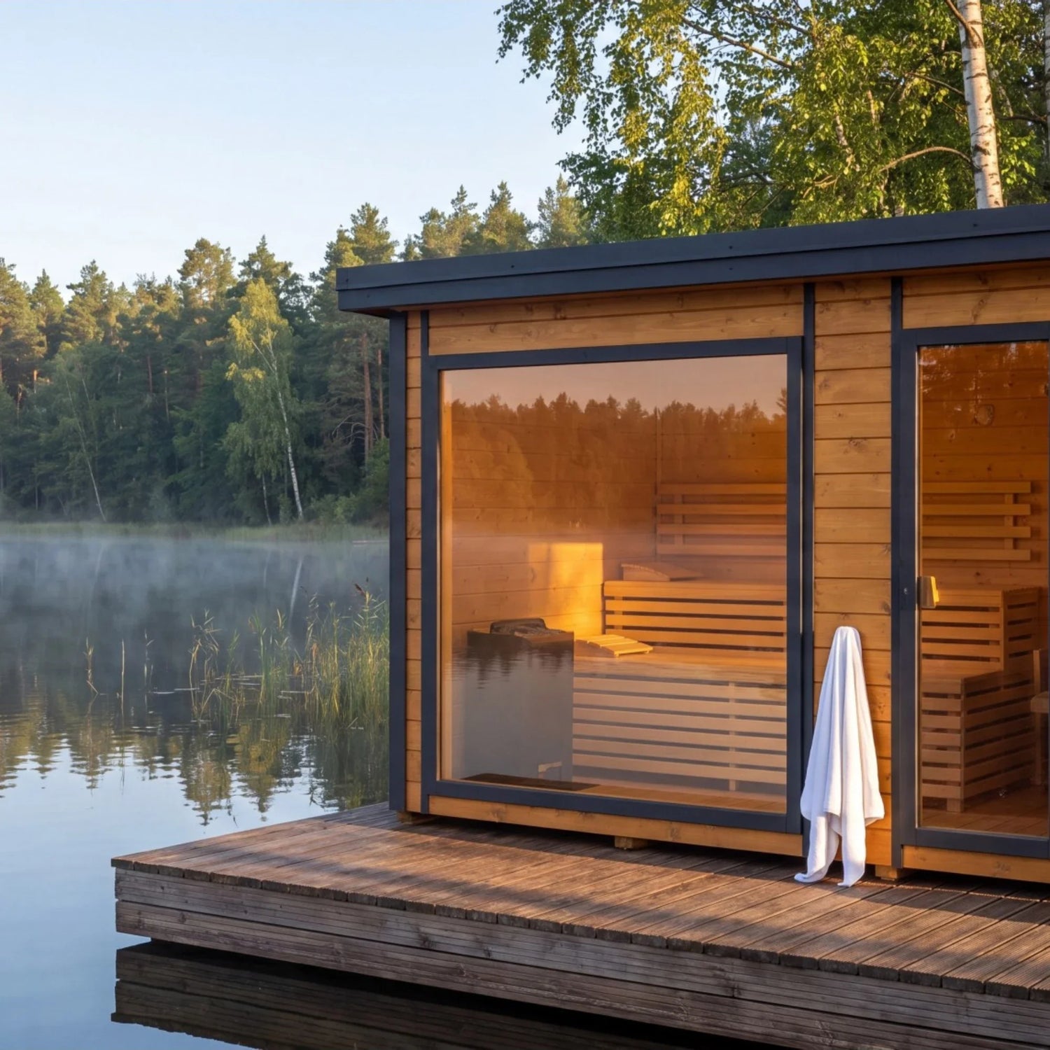 Modernes Saunahaus aus Holz mit Glasfront im Garten