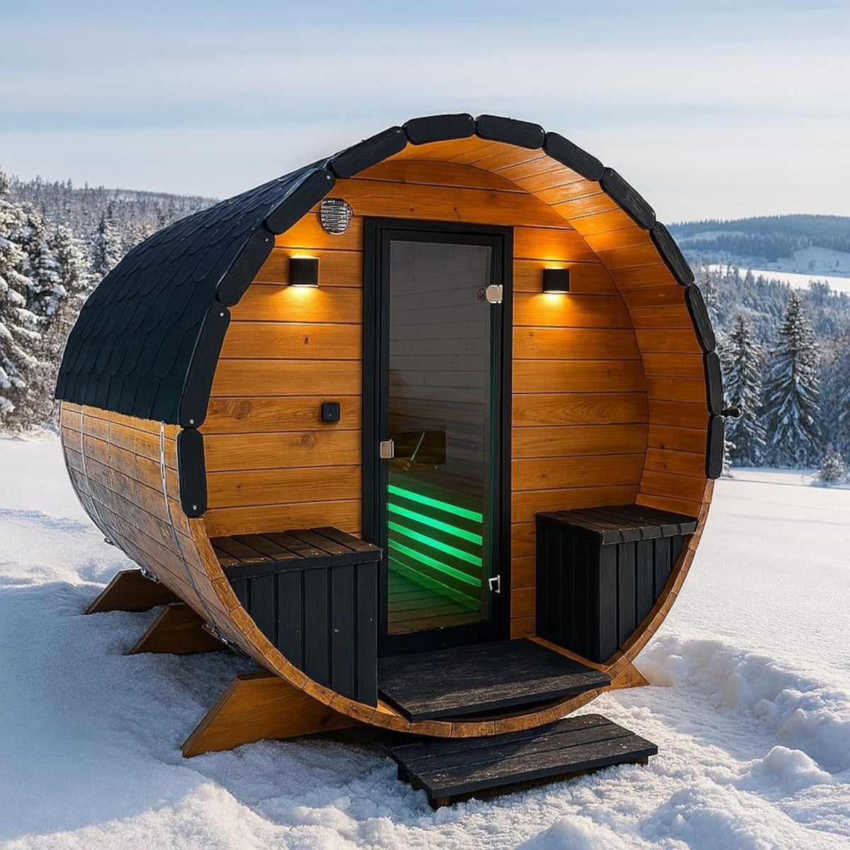 polarsauna shop Highline Fass 200 Fasssauna aus Fichtenholz mit Glastür, Beleuchtung und Bitumendach im Schnee