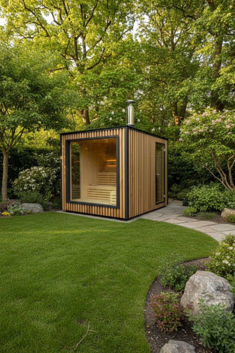 Falcon Kubus-Sauna mit Glasfront und Flachdach im Garten