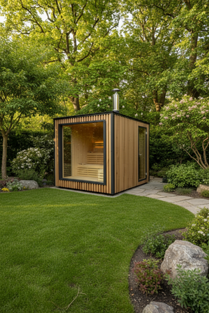Falcon Kubus-Sauna mit Glasfront und Flachdach im Garten
