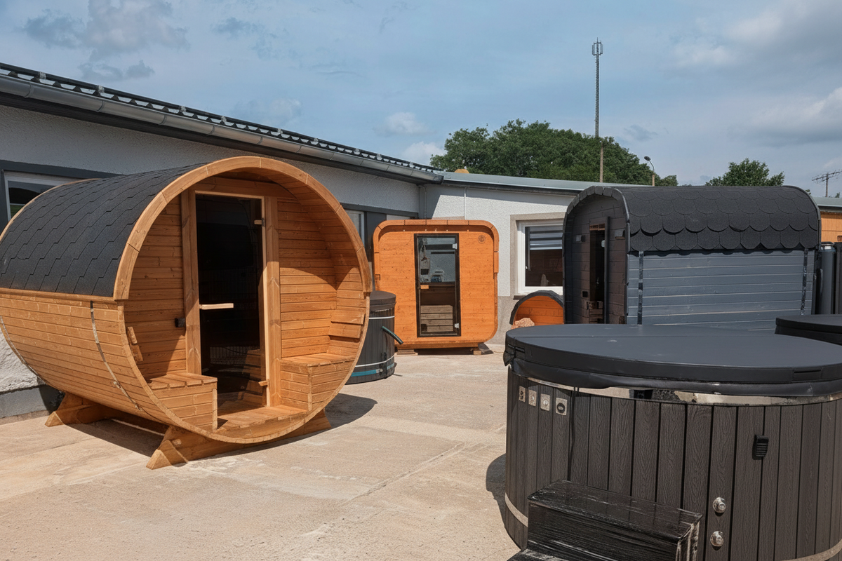 polarsauna shop Hot Tub 200 cm mit Holzverkleidung und Abdeckung neben Fasssaunen im Außenbereich
