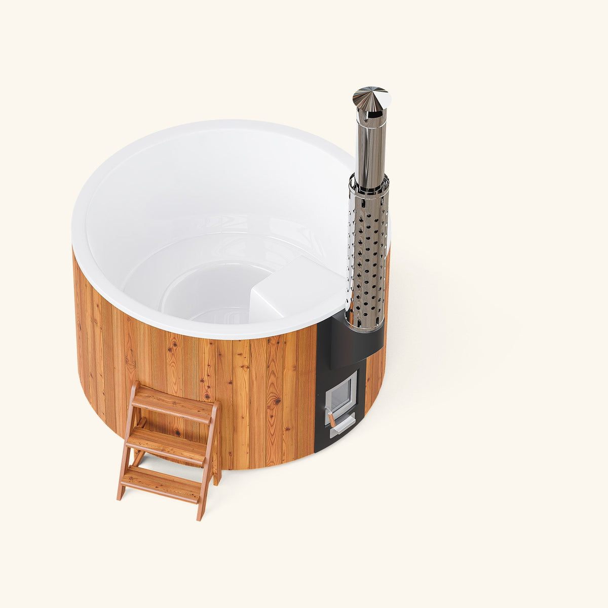 Elite 180 Hot Tub aus Thermokiefer, Seitenansicht mit Ofen