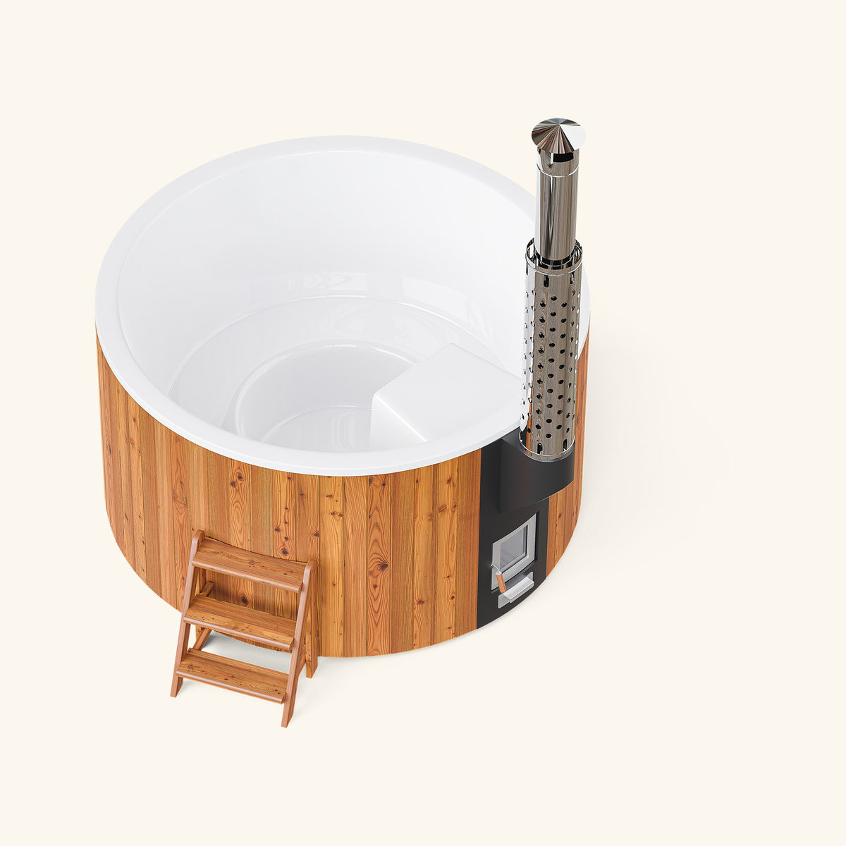 Elite 200 Hot Tub aus Thermokiefer, Seitenansicht mit Ofen