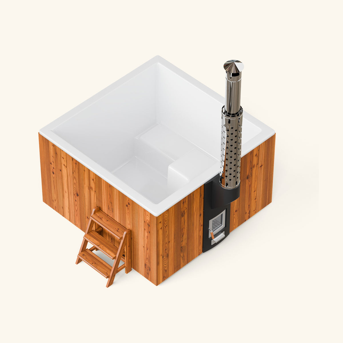 Elite Quattro 180 Hot Tub aus Thermokiefer, Seitenansicht mit Ofen