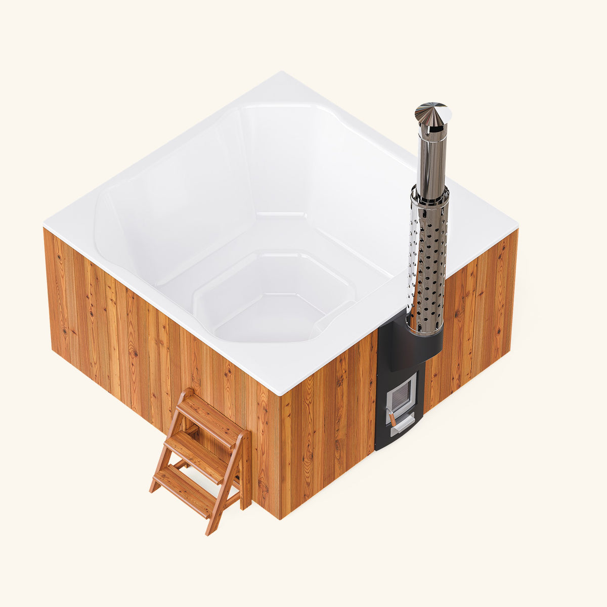 Elite Quattro 200 Hot Tub aus Thermokiefer, Seitenansicht mit Ofen