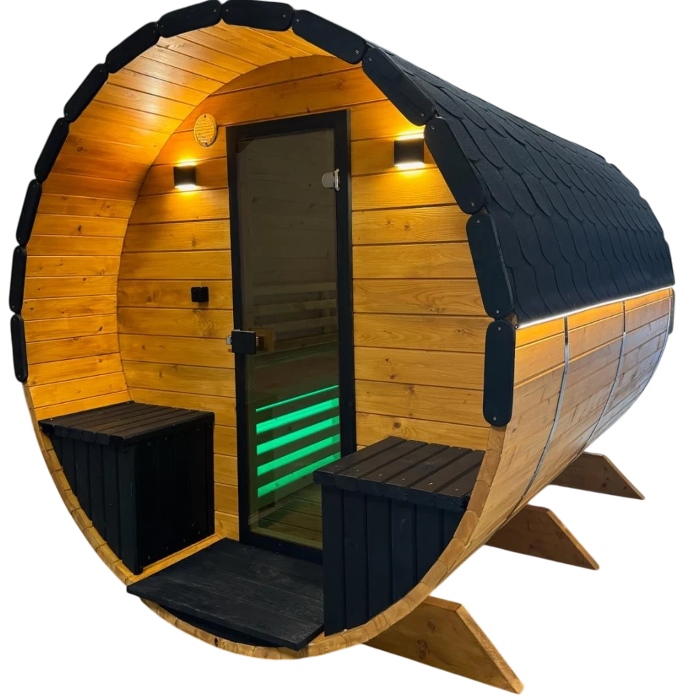 Fasssauna Highline aus Fichtenholz mit Innenbeleuchtung und schwarzem Schindeldach – Außensauna von Polarsauna