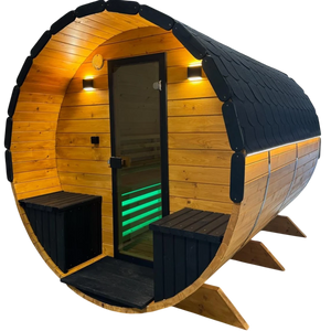 Fasssauna Highline aus Fichtenholz mit Innenbeleuchtung und schwarzem Schindeldach – Außensauna von Polarsauna
