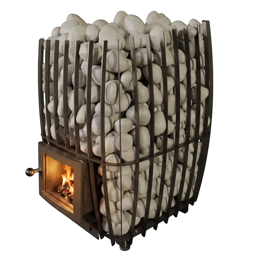 polarsauna shop Avik Fornax Queen holzbeheizter Saunaofen mit großem Steinkorb und Sichtfenster auf weißem Grund
