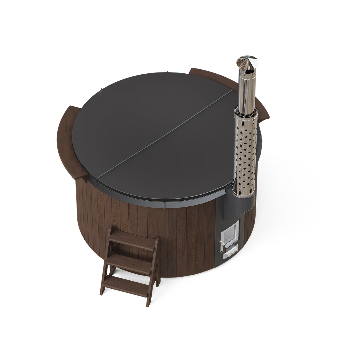 polarsauna shop Elite 180 Hot Tub mit Thermoholz-Verkleidung, Edelstahlofen und isoliertem Thermodeckel in Draufsicht