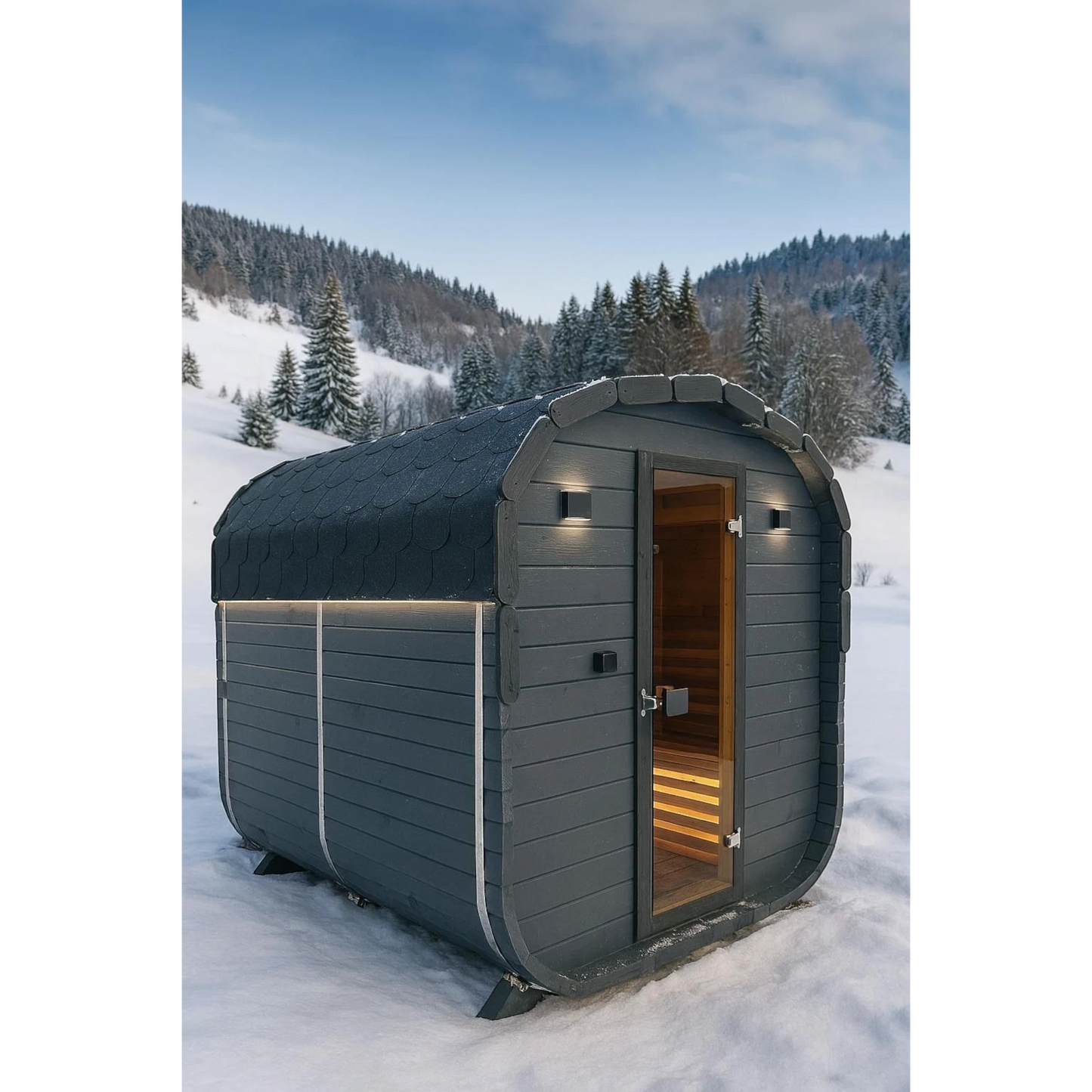 polarsauna shop Highline Fass 200 Fasssauna aus Fichtenholz in Anthrazit mit Glastür in verschneiter Winterlandschaft