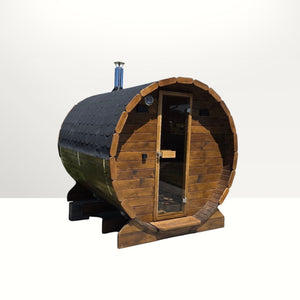 polarsauna shop Highline Fass 200 Fasssauna aus Fichtenholz mit Glastür, Bitumendach und Schornstein im Garten