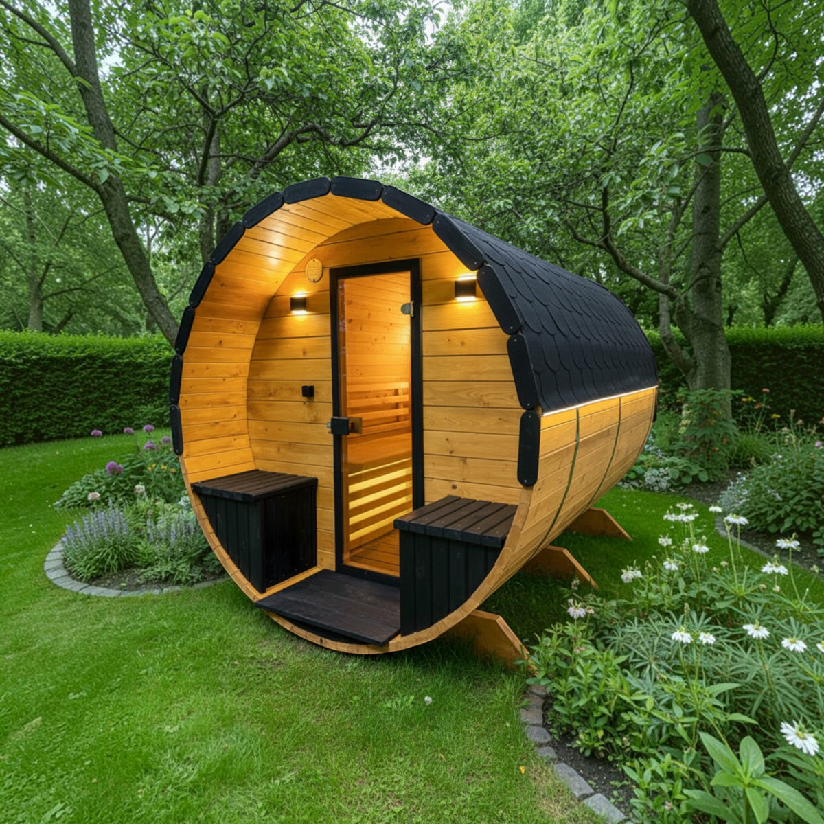 polarsauna shop Fasssauna Highline aus Fichtenholz mit schwarzem Dach im Garten aufgestellt