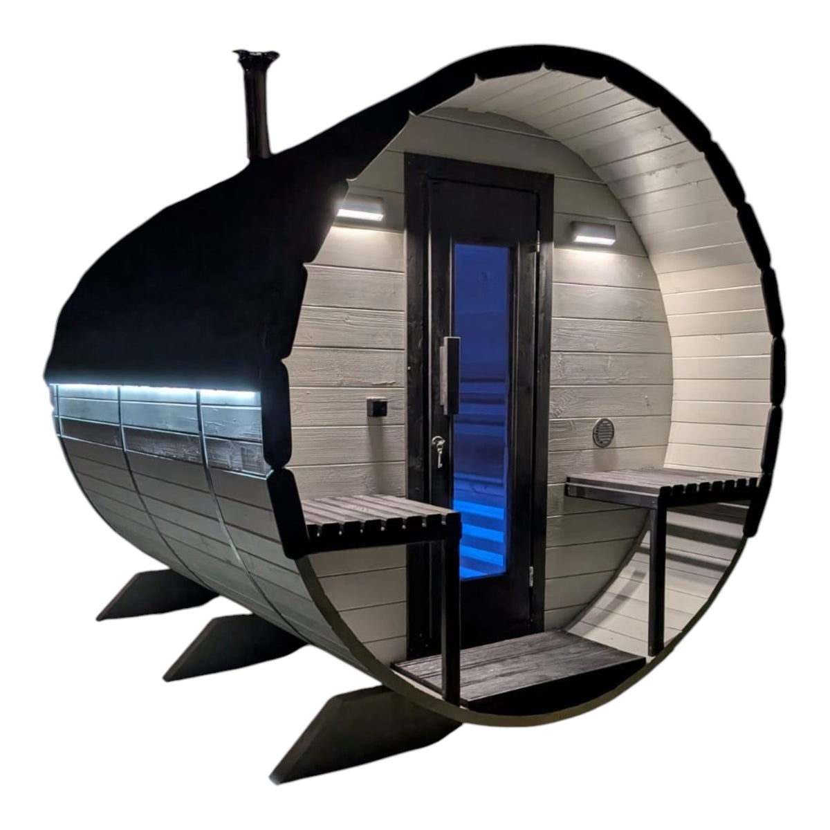 polarsauna shop Highline Fass 200 Fasssauna aus Fichtenholz mit Glastür und LED-Beleuchtung bei Nacht