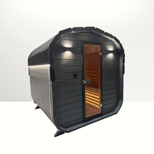 polarsauna shop Highline Fass 200 Fasssauna aus Fichtenholz in Schwarz mit Glastür und LED-Außenbeleuchtung