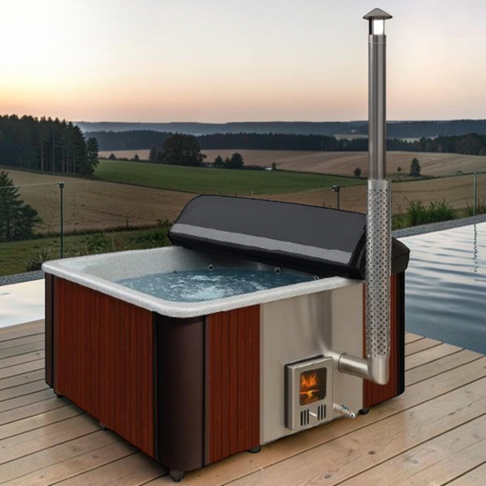 polarsauna shop Mark Scharmützel Hot Tub mit Holzverkleidung, Edelstahlofen und schwarzer Thermohaube für den Garten