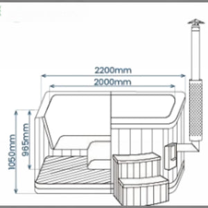 Technische Zeichnung des eckigen polarsauna shop Hot Tub Mark Wandlitz mit Maßen, Holzverkleidung und Ofen.