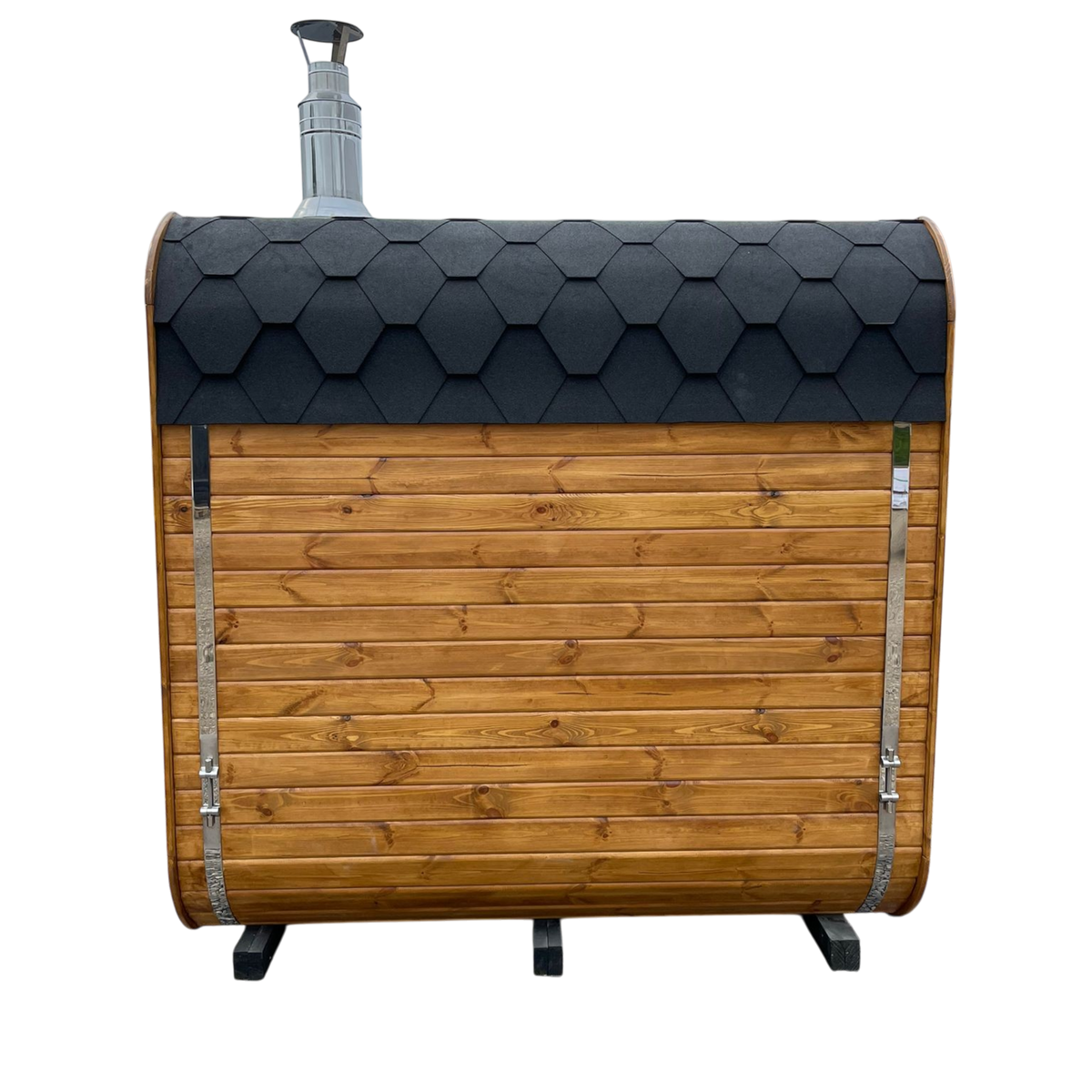 polarsauna shop Quadro-Sauna 2M aus Fichtenholz mit schwarzem Bitumenschindeldach und Edelstahldetails
