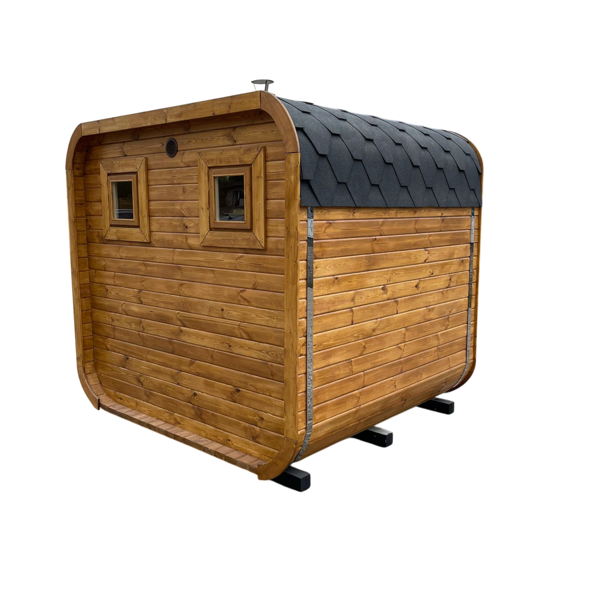 polarsauna shop Quadro-Sauna 2M aus massivem Fichtenholz mit Bitumenschindeldach und zwei Fenstern im Garten