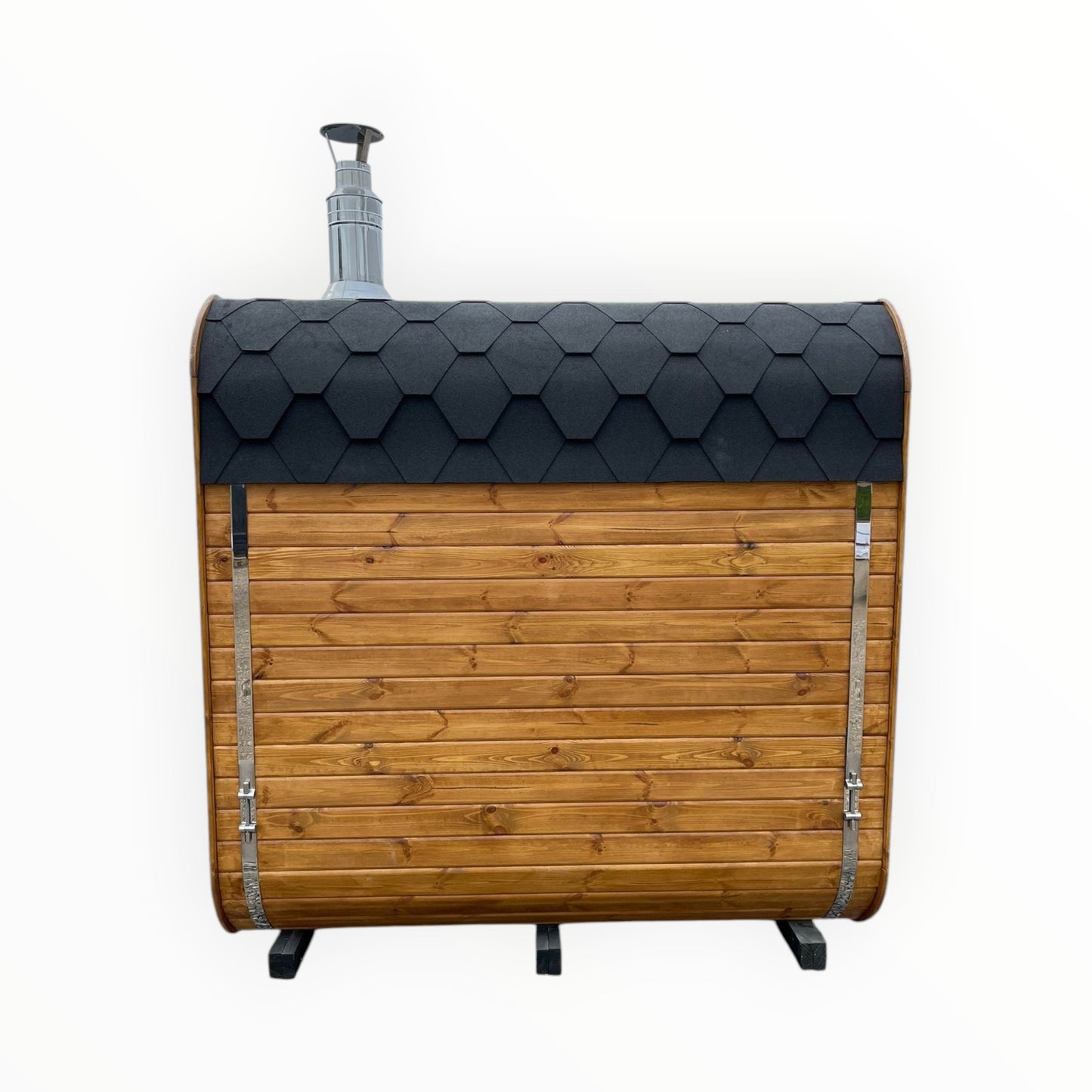 polarsauna shop moderne rechteckige Gartensauna aus Holz mit schwarzem Bitumendach und Edelstahldetails