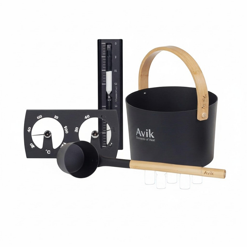 polarsauna shop 6-teiliges Sauna-Set mit schwarzem Kübel, Bambusgriff, Schöpfkelle, Sanduhr, Thermometer und Düften