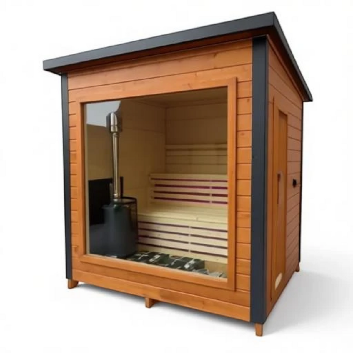 polarsauna shop Saunahaus Highline M mit Panoramafenster, Holzrahmenbauweise und moderner Innenausstattung